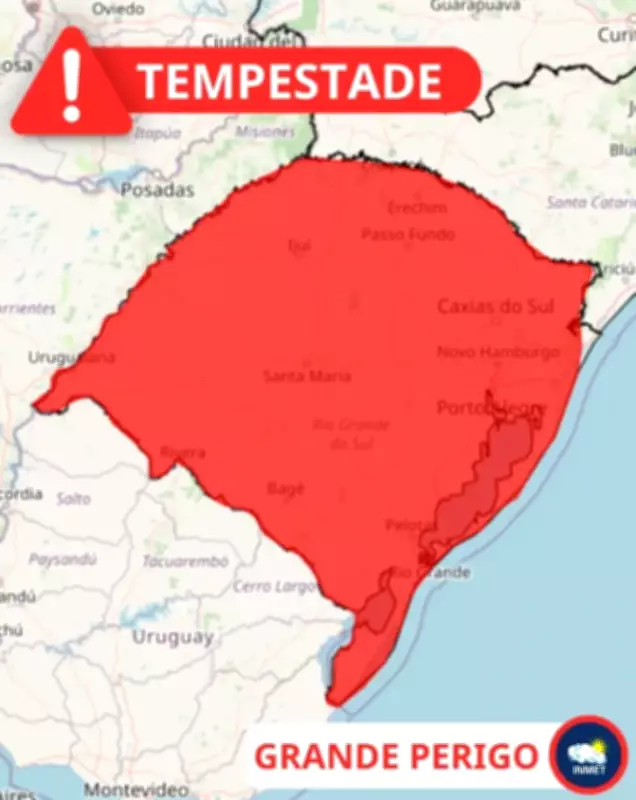 Inmet emite aviso vermelho de grande perigo para tempestades no RS e SC