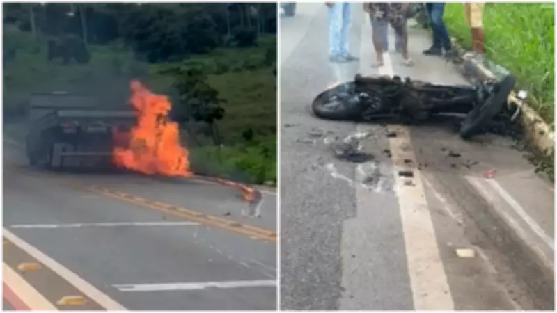 Moto incendeia após colisão com caminhão em avenida de Tianguá, no Ceará