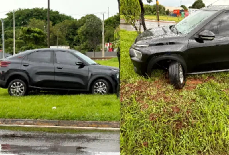 Motorista abandona carro após acidente em rotatória de Campo Grande