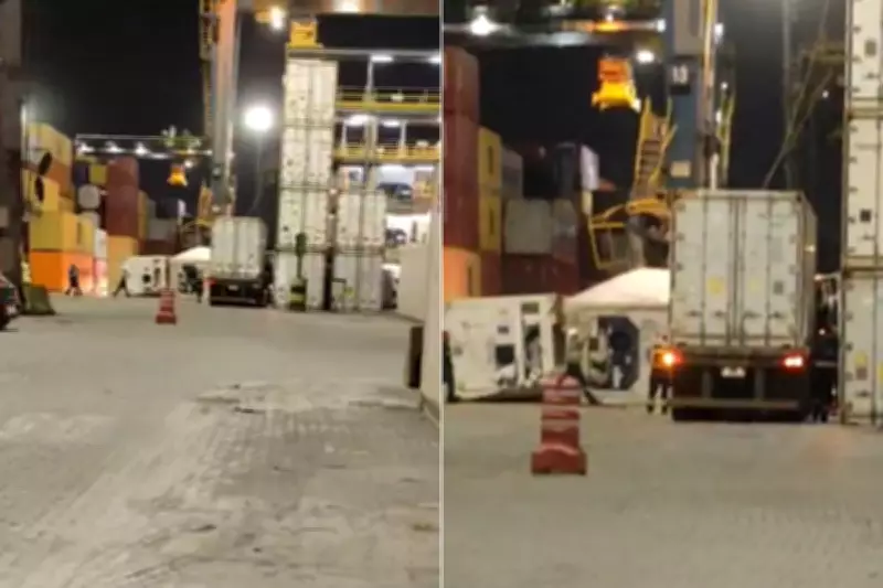 Motorista fica preso após contêiner cair sobre caminhão no Porto de Santos