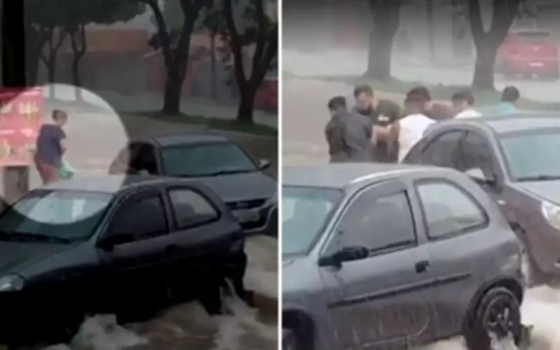 Mulher é arrastada por enxurrada e fica presa sob carro em Goiânia durante temporal