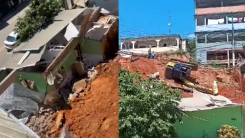 Muro de contenção desaba em Jerônimo Monteiro, atinge residência e tomba escavadeira