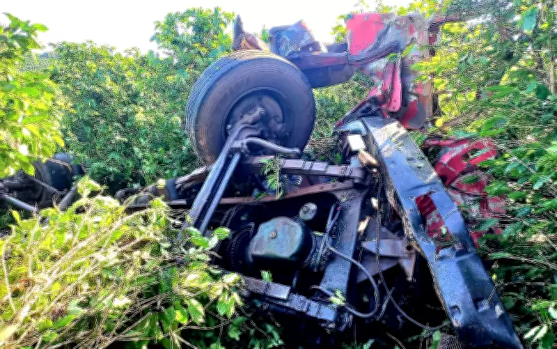 Pai e filho morrem em acidente com caminhão que capotou na BR-265 em Alpinópolis, MG