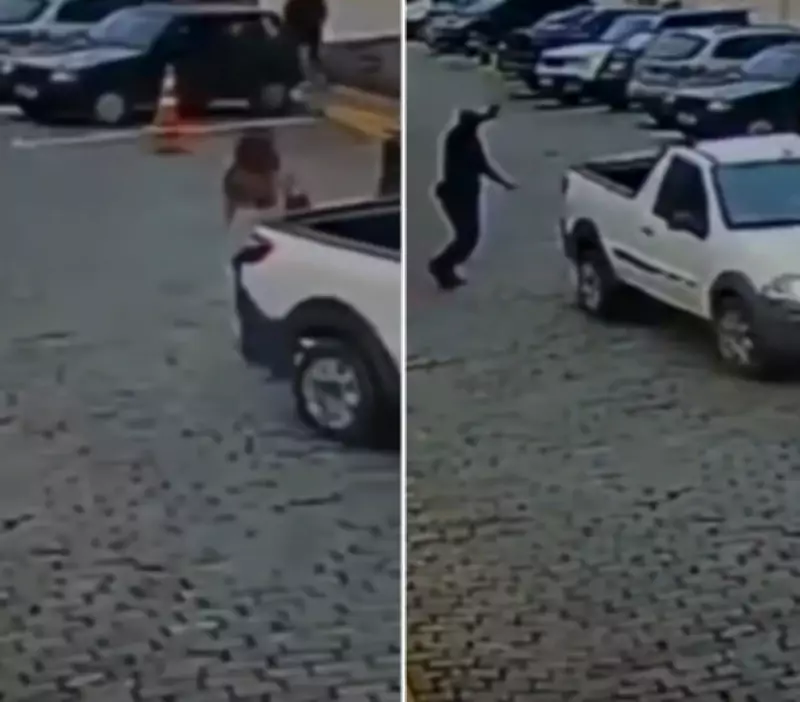 Pneu de carro quase passa por cima da cabeça de mulher em frente a hospital no RJ