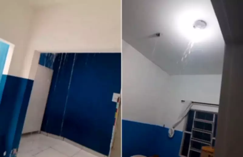 Posto de saúde em Serra Azul alaga após chuva formar 'cachoeira' no teto
