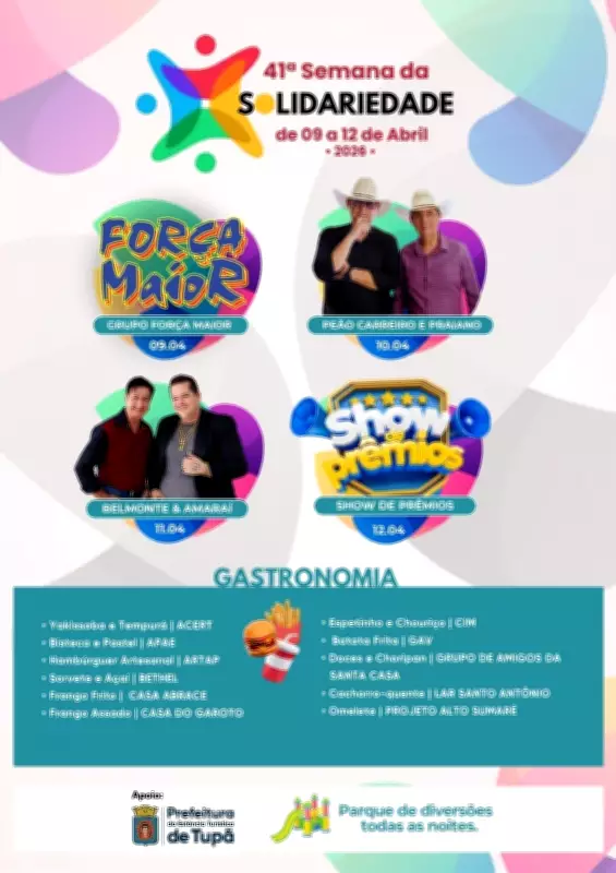 Prefeitura de Tupã apoia 41ª Semana da Solidariedade com música e gastronomia em abril de 2026
