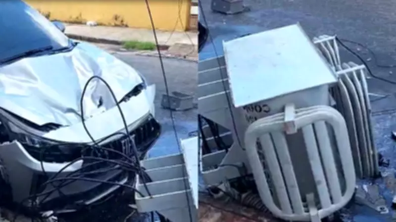 Transformador explode e cai sobre carro em Fortaleza, deixando veículo destruído