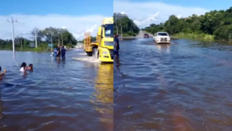 Trecho alagado da BR-135 vira ponto de banho e preocupa autoridades no Piauí