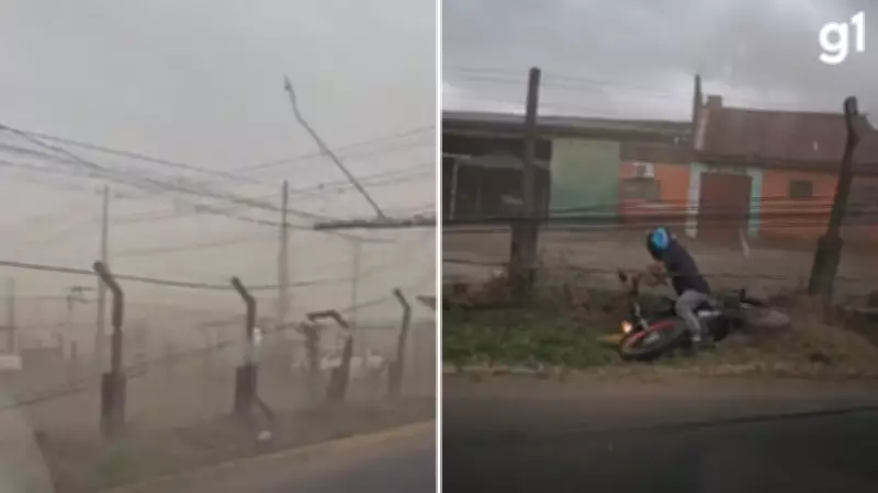Ventos de 85 km/h derrubam poste e fios atingem motociclista em Uruguaiana, RS