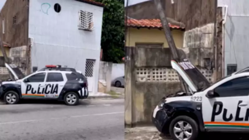 Viatura da PM colide com poste durante perseguição a suspeito no bairro Montese, em Fortaleza