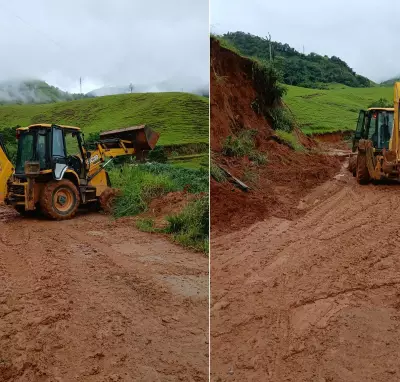 Chuva intensa provoca queda de barreira e interdita RJ-202 em Cambuci, no RJ