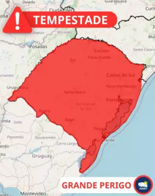 Inmet emite aviso vermelho de grande perigo para tempestades no RS e SC