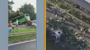 Acidente entre ônibus e carreta de bananas interdita a BR-116 em Magé