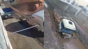 Caminhão desgovernado causa sequência de colisões e cai em córrego em Lins, SP