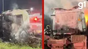 Carreta carregada com cavaco de madeira pega fogo na BR-163 em Sinop durante madrugada