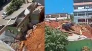 Muro de contenção desaba em Jerônimo Monteiro, atinge residência e tomba escavadeira