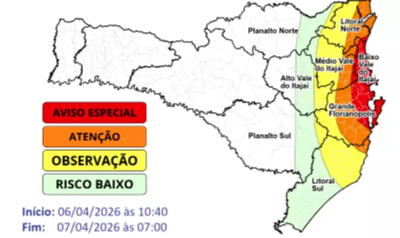Alerta vermelho para chuvas intensas em Santa Catarina com risco de deslizamentos