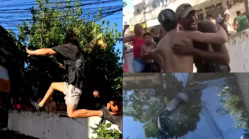 Atletas de parkour realizam salto arriscado sobre valão com jacarés no Rio de Janeiro