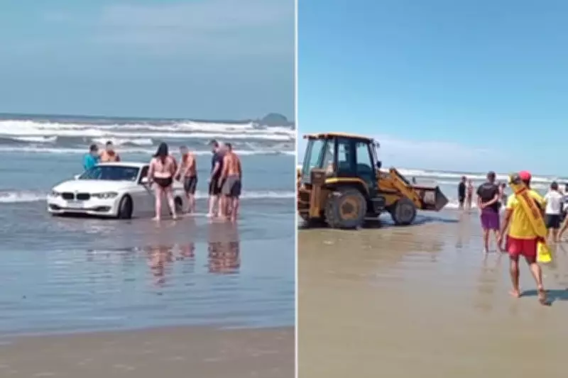 BMW fica atolada em faixa de areia no litoral de SP e motorista é multado