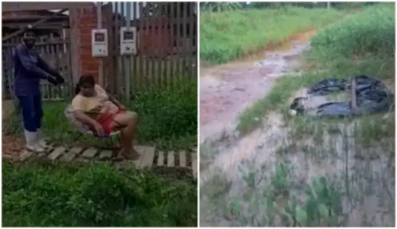 Cadeirante é arrastada em estrutura improvisada para sair de casa no AC