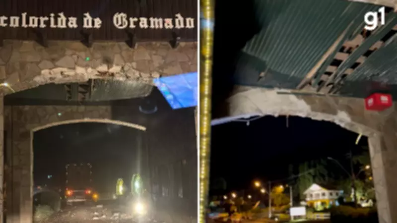 Caminhão carregado de madeira danifica pórtico de Gramado na Serra gaúcha