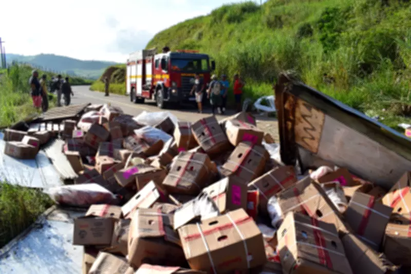Caminhão com carne suína capota na BR-356 e carga é saqueada por populares em Muriaé