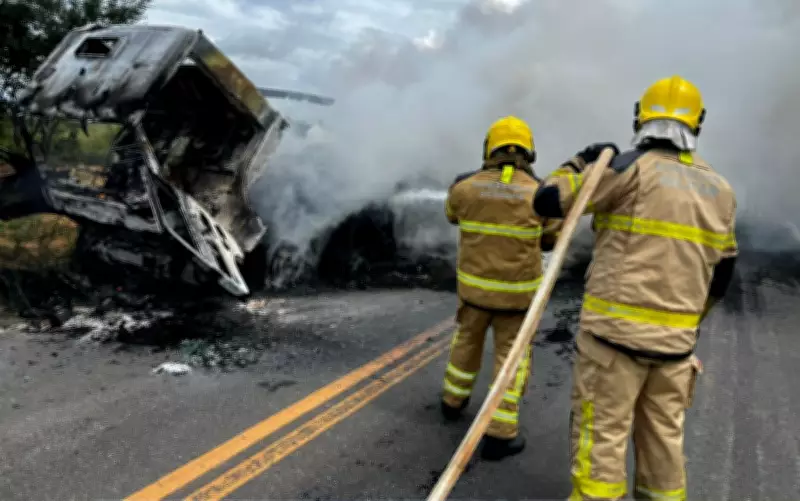 Caminhão com pneus pega fogo e é destruído em rodovia de Sergipe
