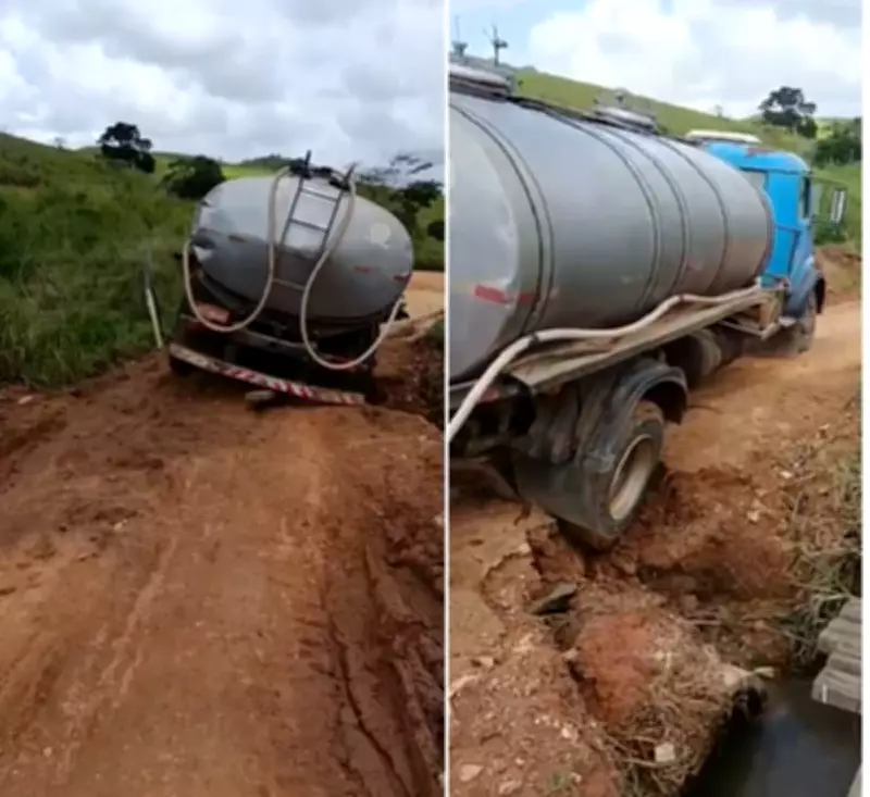 Caminhão de leite quase tomba ao atolar novamente em trecho crítico da RJ-206 em Cambuci