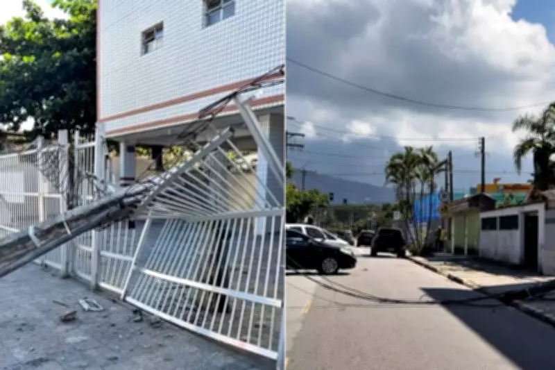 Caminhão derruba fios e poste atinge portão de prédio no litoral de SP