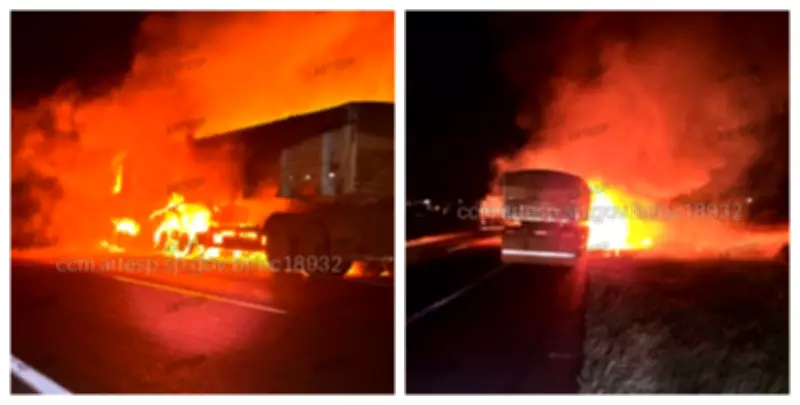 Carreta com carga de açúcar pega fogo na SP-310 em Ibaté, ferindo motorista