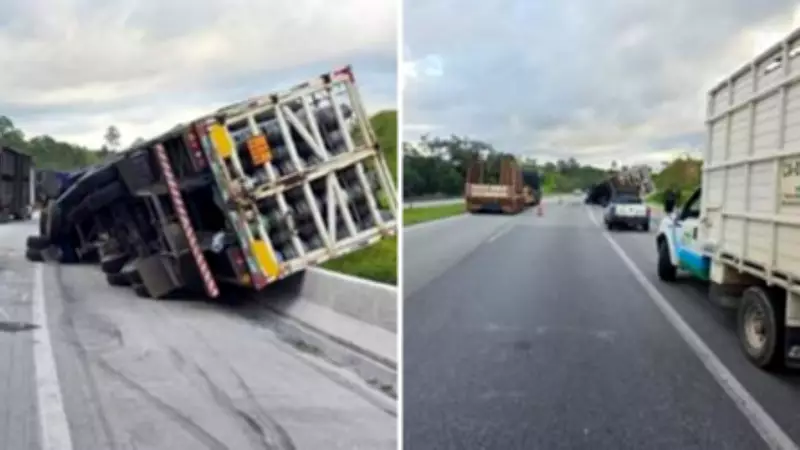 Carreta tomba na Rodovia Dom Pedro I em Igaratá e causa interdição parcial da pista