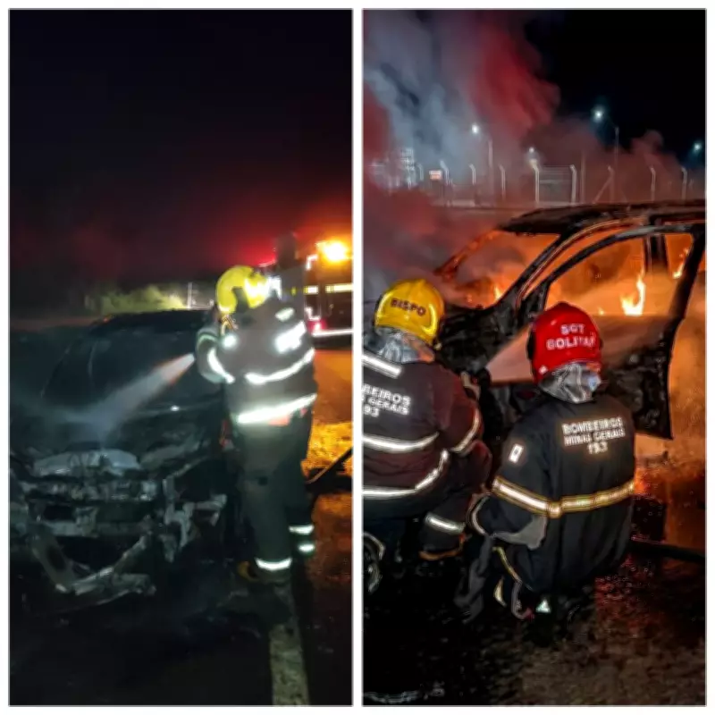 Carro é consumido por chamas na rodovia LMG-605 em Januária, Norte de Minas