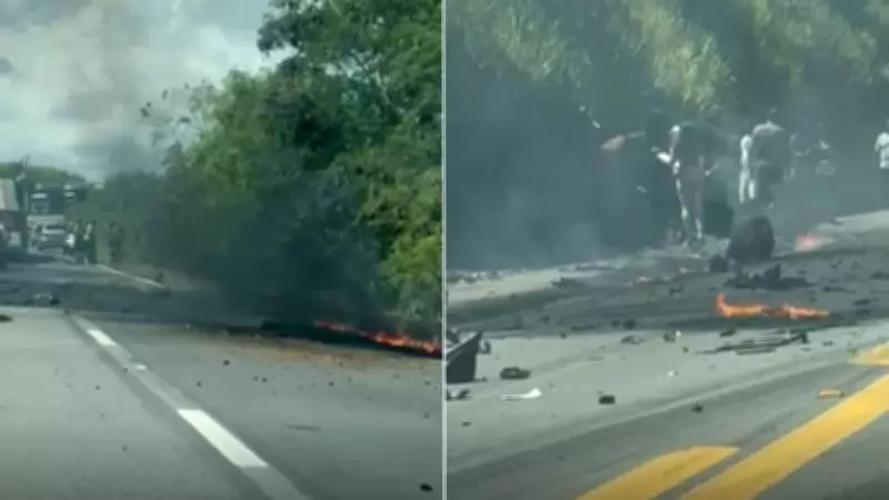 Colisão entre carro e caminhão causa explosão e incêndio na BR-101 em Aracruz