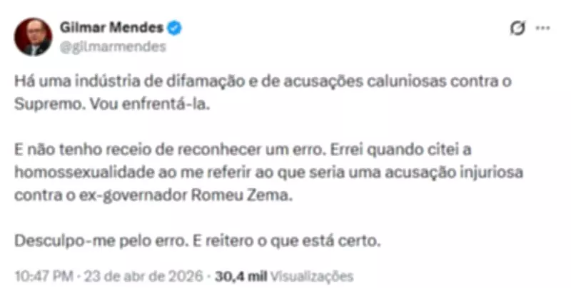 Gilmar Mendes se desculpa por associar homossexualidade a acusação contra Zema