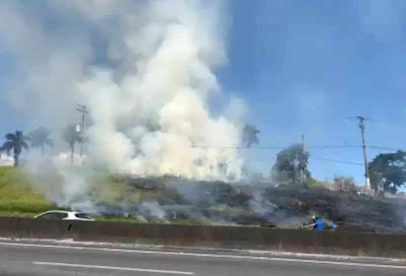 Incêndio atinge vegetação na Rodovia Dutra em Caçapava, SP, sem interdições