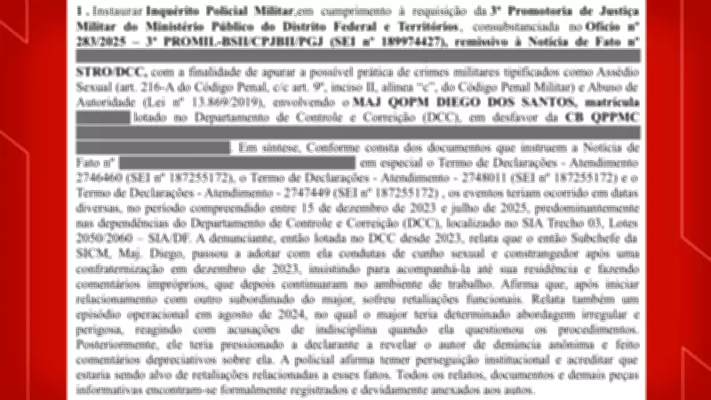 Major da PMDF é investigado por assédio sexual contra cabo entre 2023 e 2025