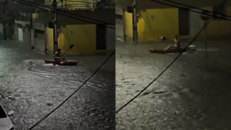 Morador usa caiaque em ruas alagadas de Fortaleza após chuvas intensas; vídeo viraliza