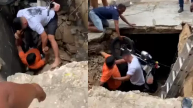 Motociclista e crianças caem em buraco após tampa de galeria ceder em Teresina