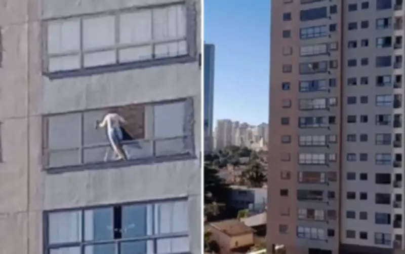 Mulher se arrisca ao limpar janela do 10º andar sem segurança em Goiânia