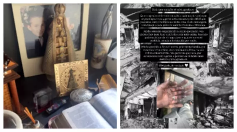 Pai do MC Gui chora ao ver casa destruída por incêndio, mas altar com santa fica intacto