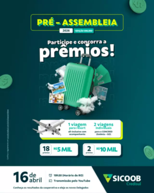 Sicoob Credisul realiza Pré-Assembleia 2026 online com sorteio de R$ 125 mil em prêmios