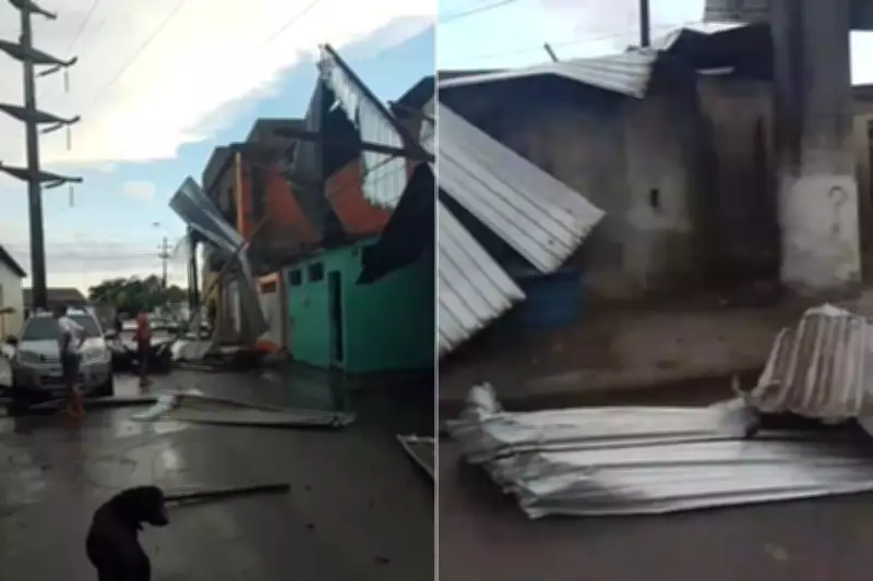 Ventania em Praia Grande arranca telhas e atinge cinco casas, ferindo criança e mãe