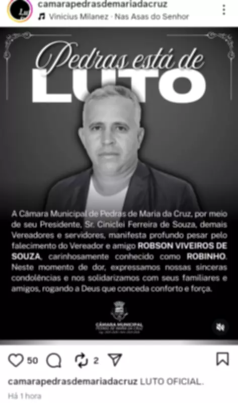 Vereador Robinho morre em acidente de moto ao colidir com poste em Pedras de Maria da Cruz