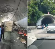 Carreta tomba em túnel da BR-040 e interdita totalmente descida da serra em Petrópolis