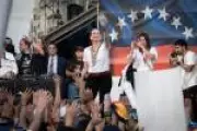 María Corina Machado é ovacionada por milhares em manifestação na Puerta del Sol em Madri
