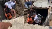 Motociclista e crianças caem em buraco após tampa de galeria ceder em Teresina