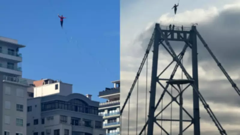 Atleta Rafael Bridi realiza highline na Ponte Hercílio Luz em Florianópolis