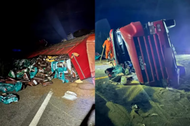 Caminhão carregado de ração tomba na BR-343 no Piauí; pista tinha óleo