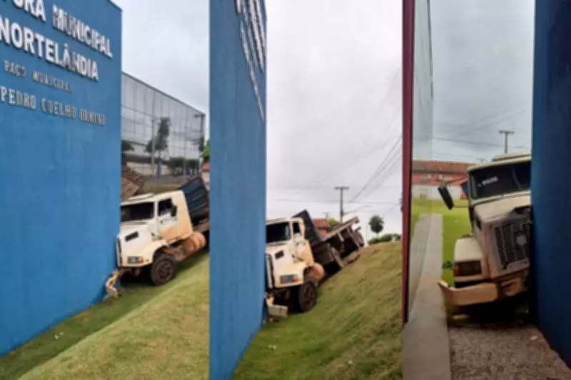 Carreta desgovernada colide contra prédio da prefeitura em Nortelândia (MT)