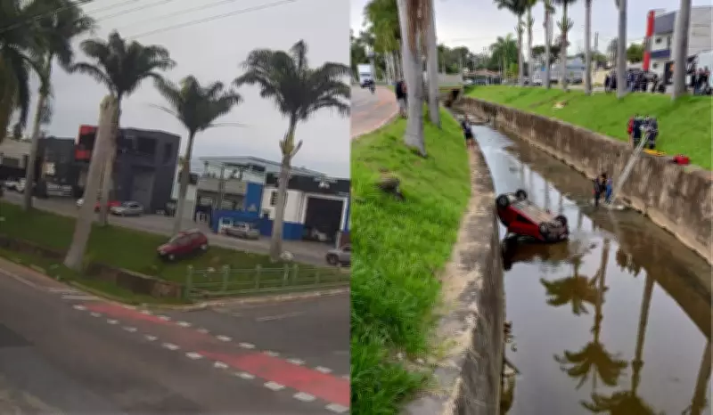 Carro cai em córrego após batida em Vinhedo; motorista sobrevive